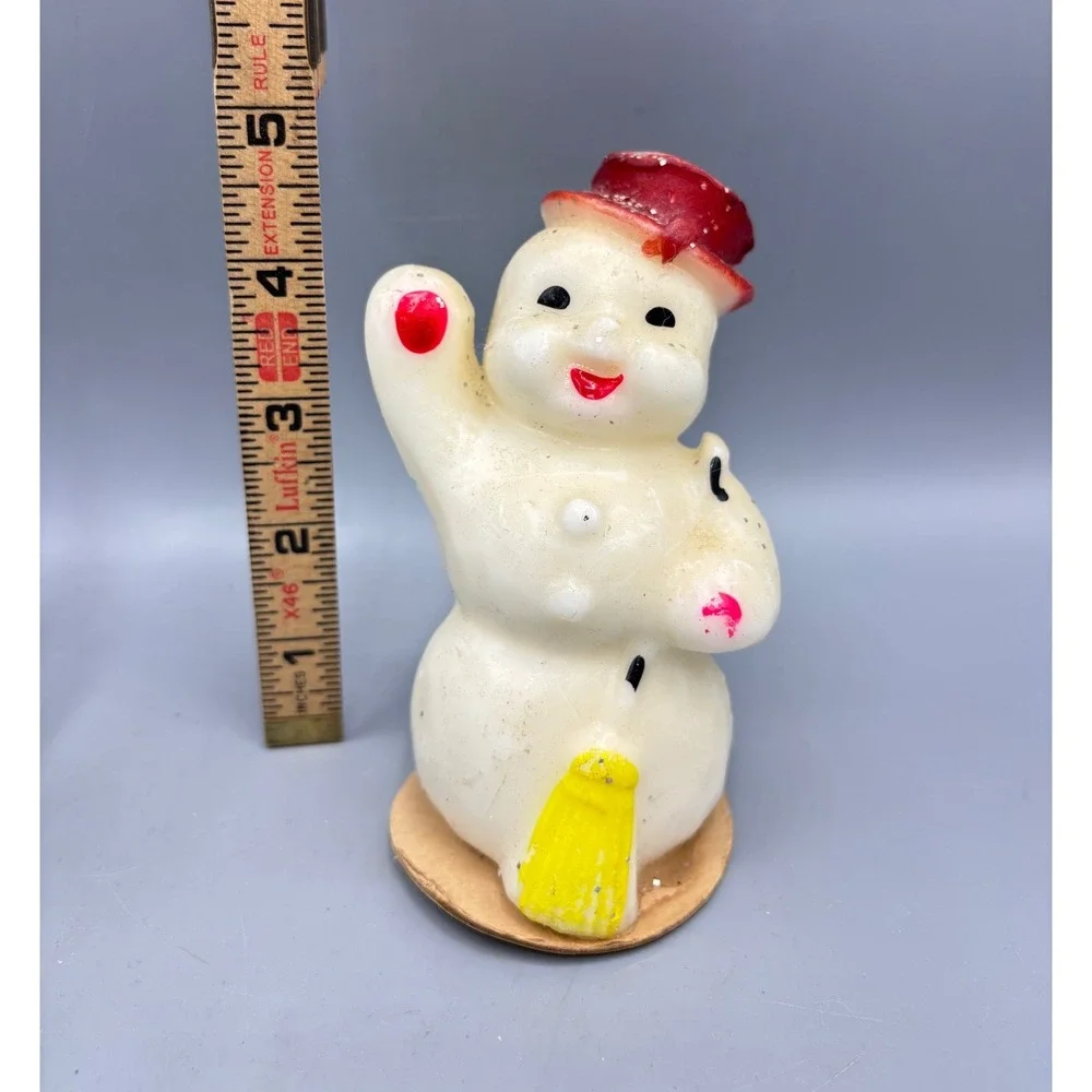 Vintage Gurley Candle Co Snowman Christmas Candle Red Glitter‎ Hat Waving Broom